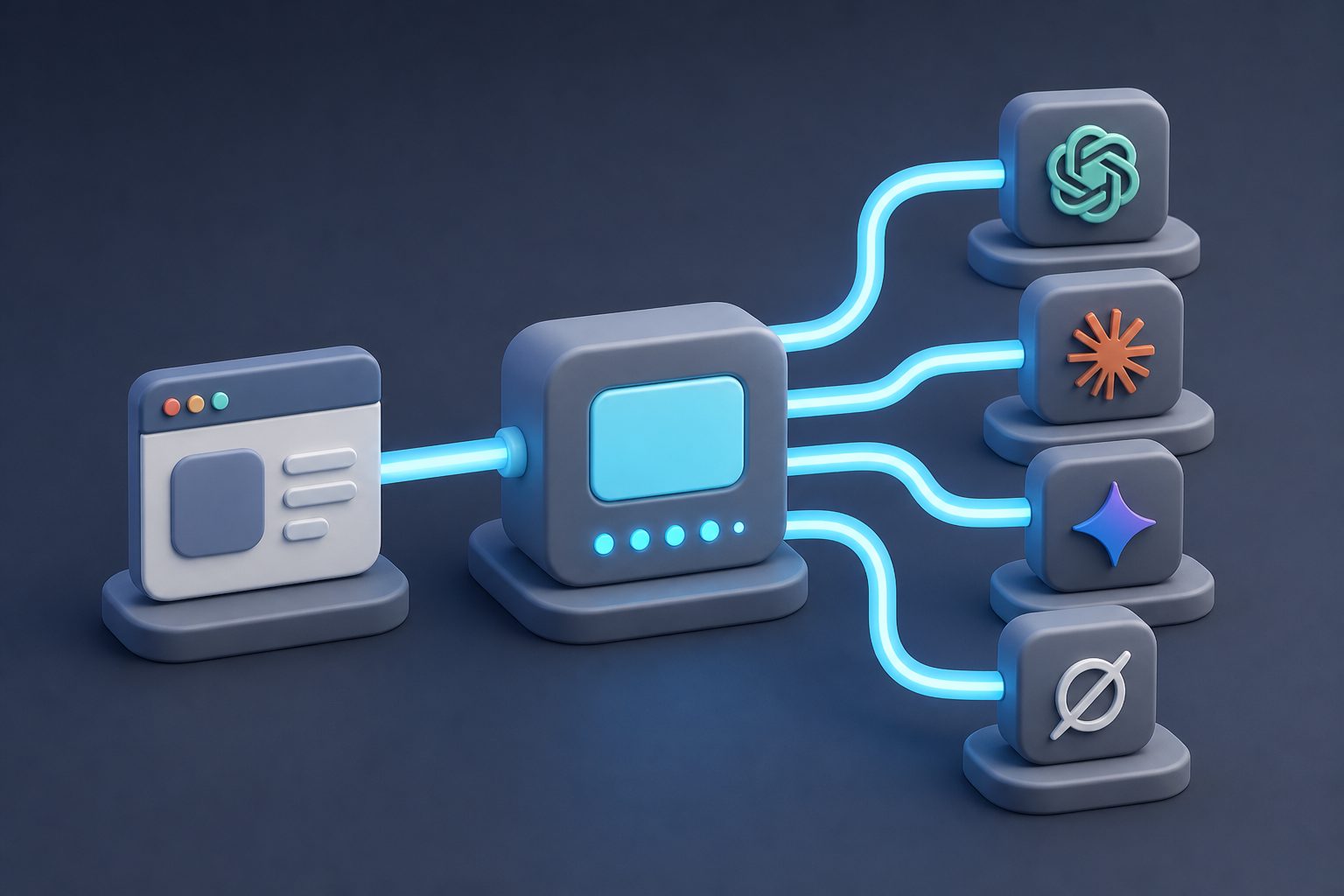 模型中转 architecture showing one application connecting through a unified API gateway to GPT, Claude, Gemini, and Grok
