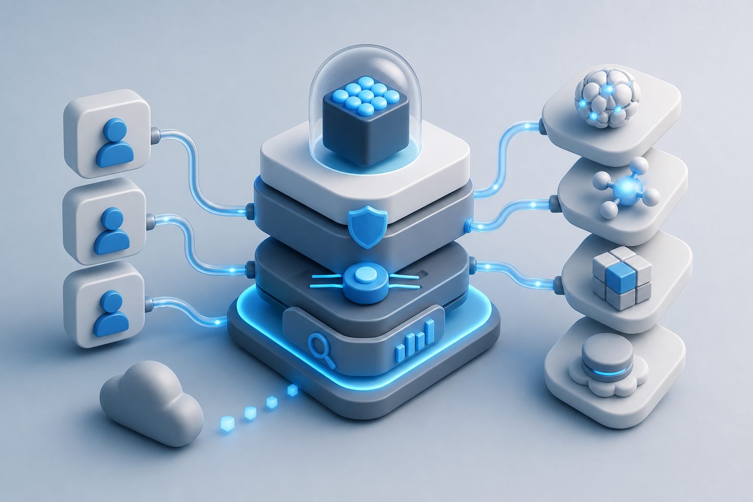 AI Gateway architecture showing applications, policy layer, routing, observability, and model providers